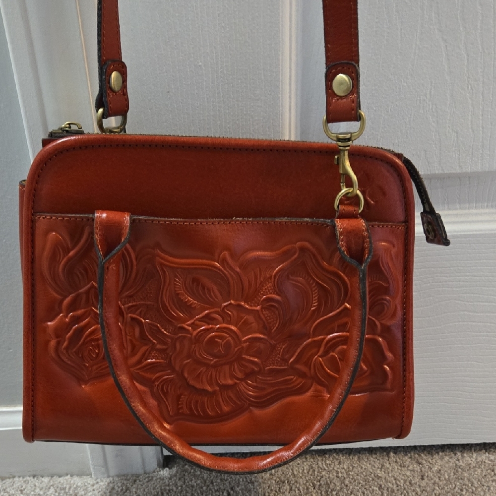 Patricia Nash Embossed Floral Red/Brown Satchel/crossbosy Leather Shoulder Bag